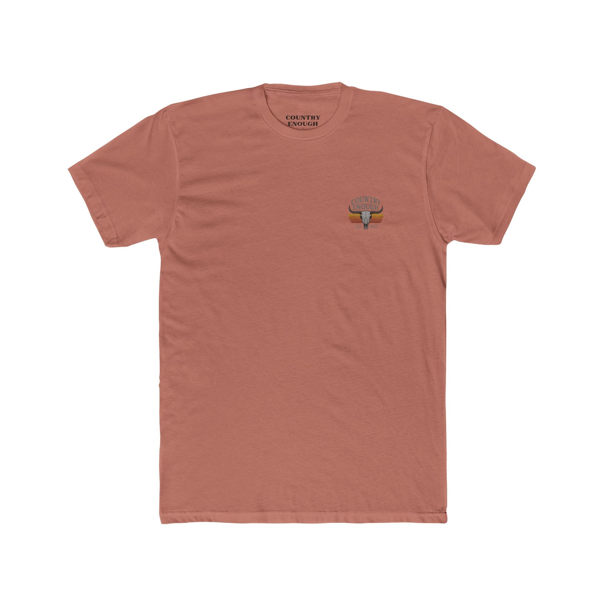 Desert Pink t-shirt with vintage retro graphic of a bull skull and words country enough EST 2025 #desertpink