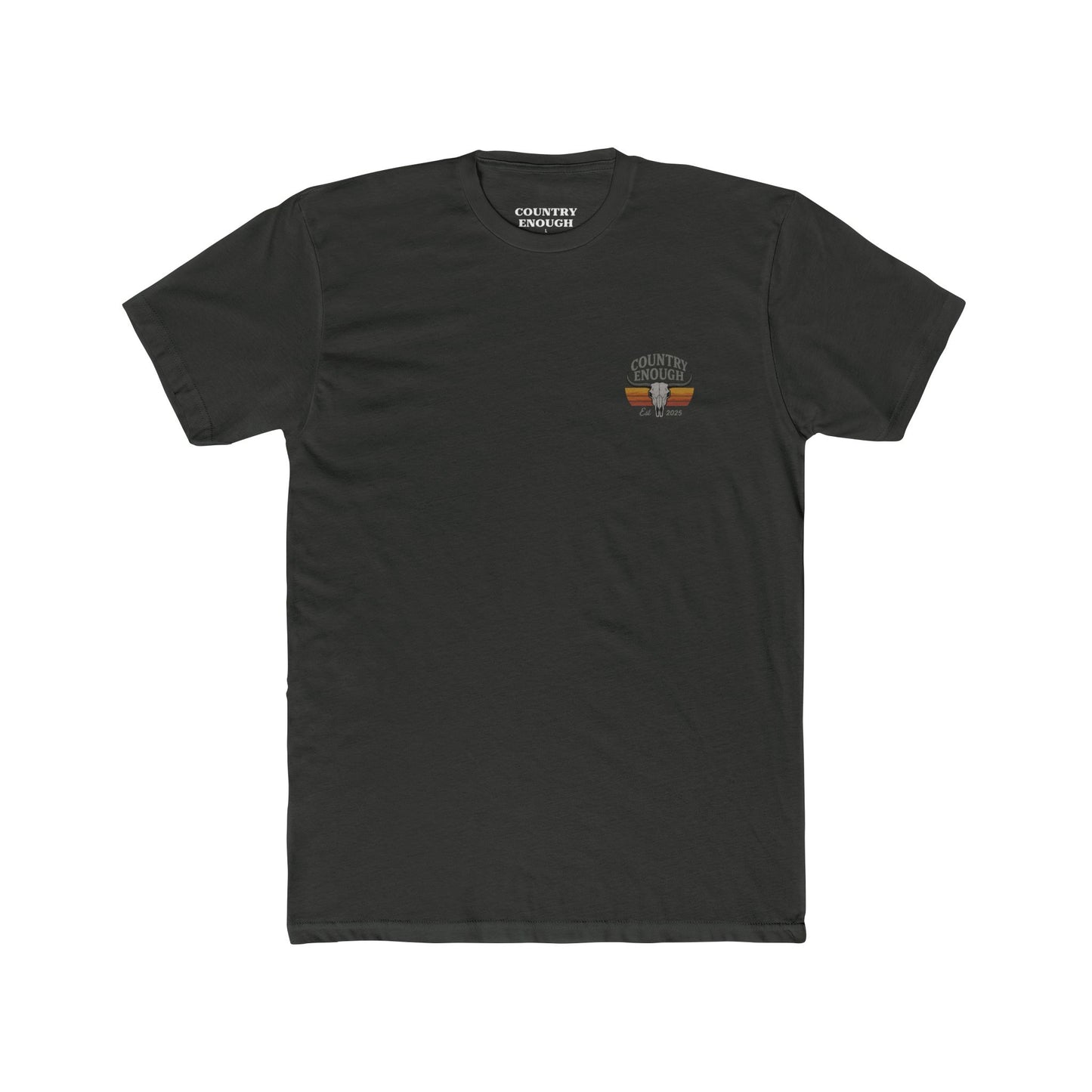 Vintage Black t-shirt with vintage retro graphic of a bull skull and words country enough EST 2025 #vintageblack