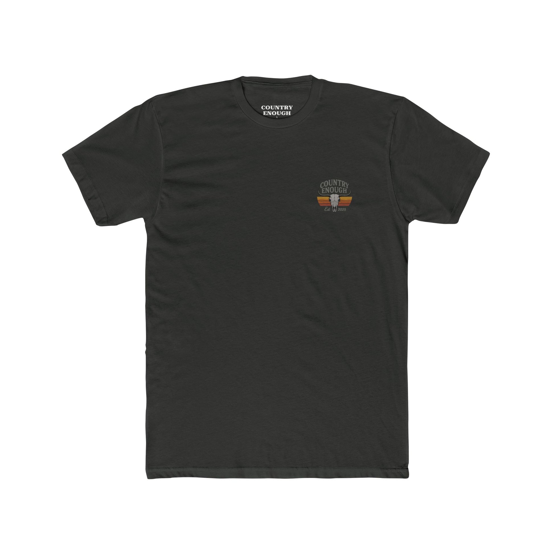 Vintage Black t-shirt with vintage retro graphic of a bull skull and words country enough EST 2025 #vintageblack