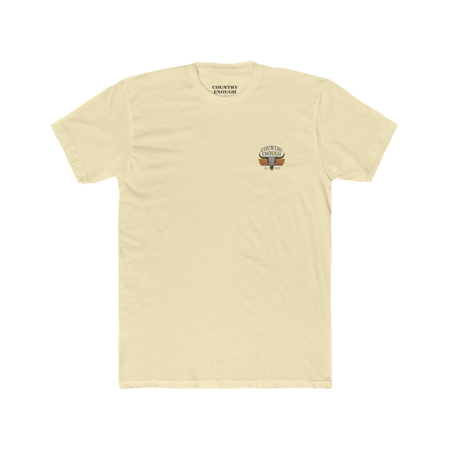 Natural t-shirt with vintage retro graphic of a bull skull and words country enough EST 2025 #natural