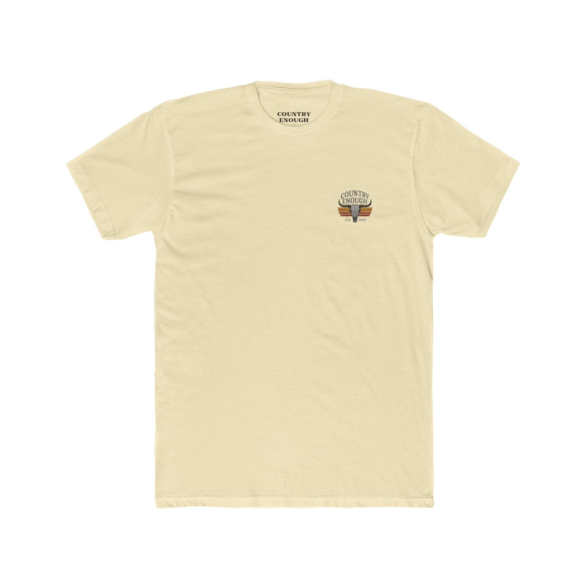 Natural t-shirt with vintage retro graphic of a bull skull and words country enough EST 2025 #natural