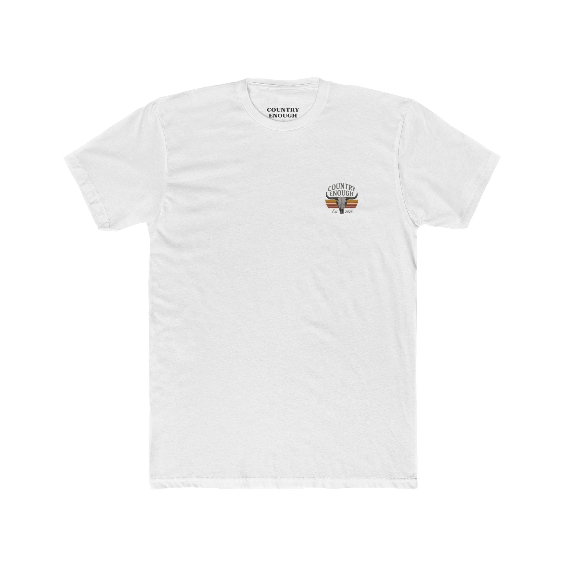 White t-shirt with vintage retro graphic of a bull skull and words country enough EST 2025 #white