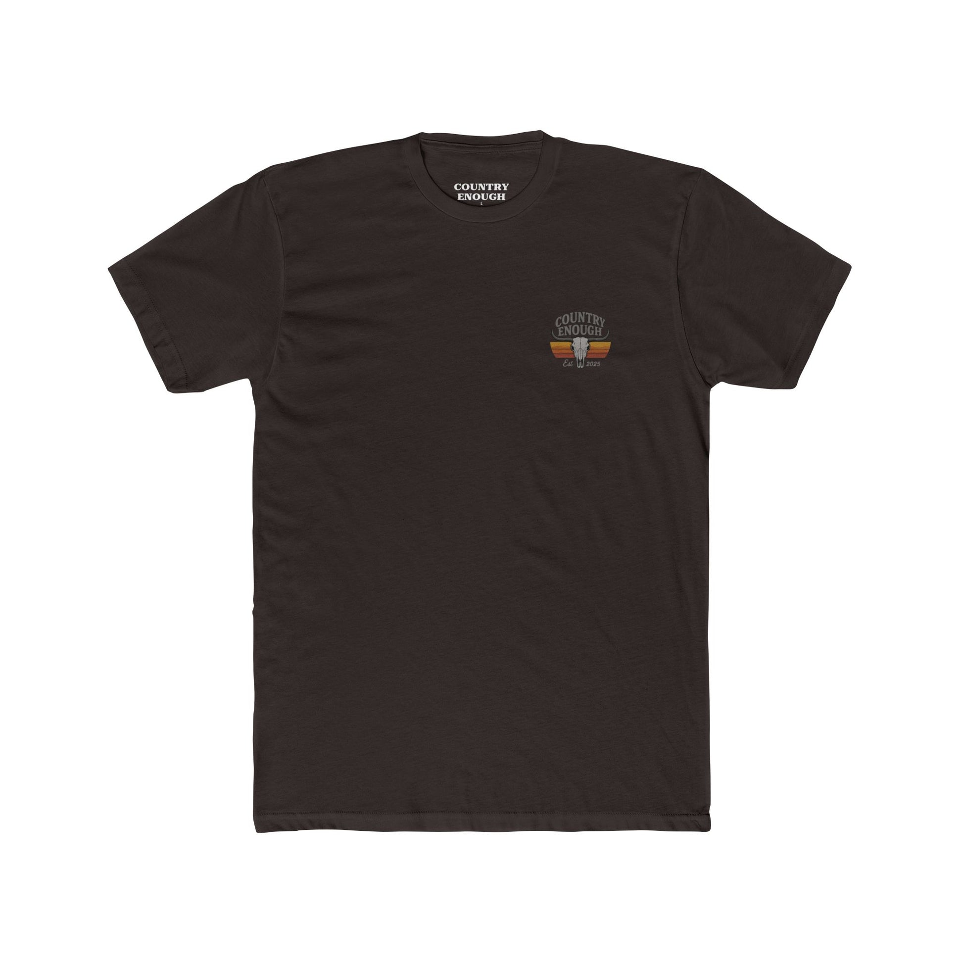 Dark Brown t-shirt with vintage retro graphic of a bull skull and words country enough EST 2025 #darkbrown