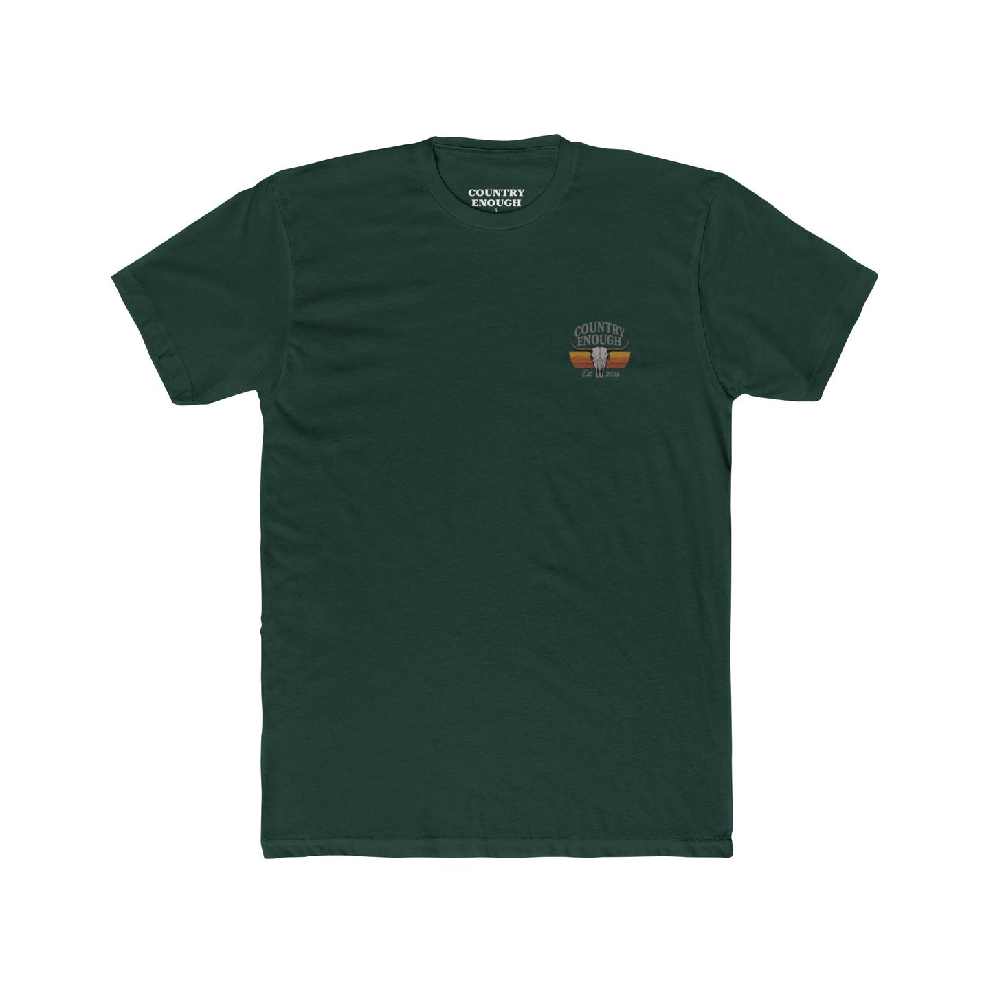 Forest Green t-shirt with vintage retro graphic of a bull skull and words country enough EST 2025 #forestgreen