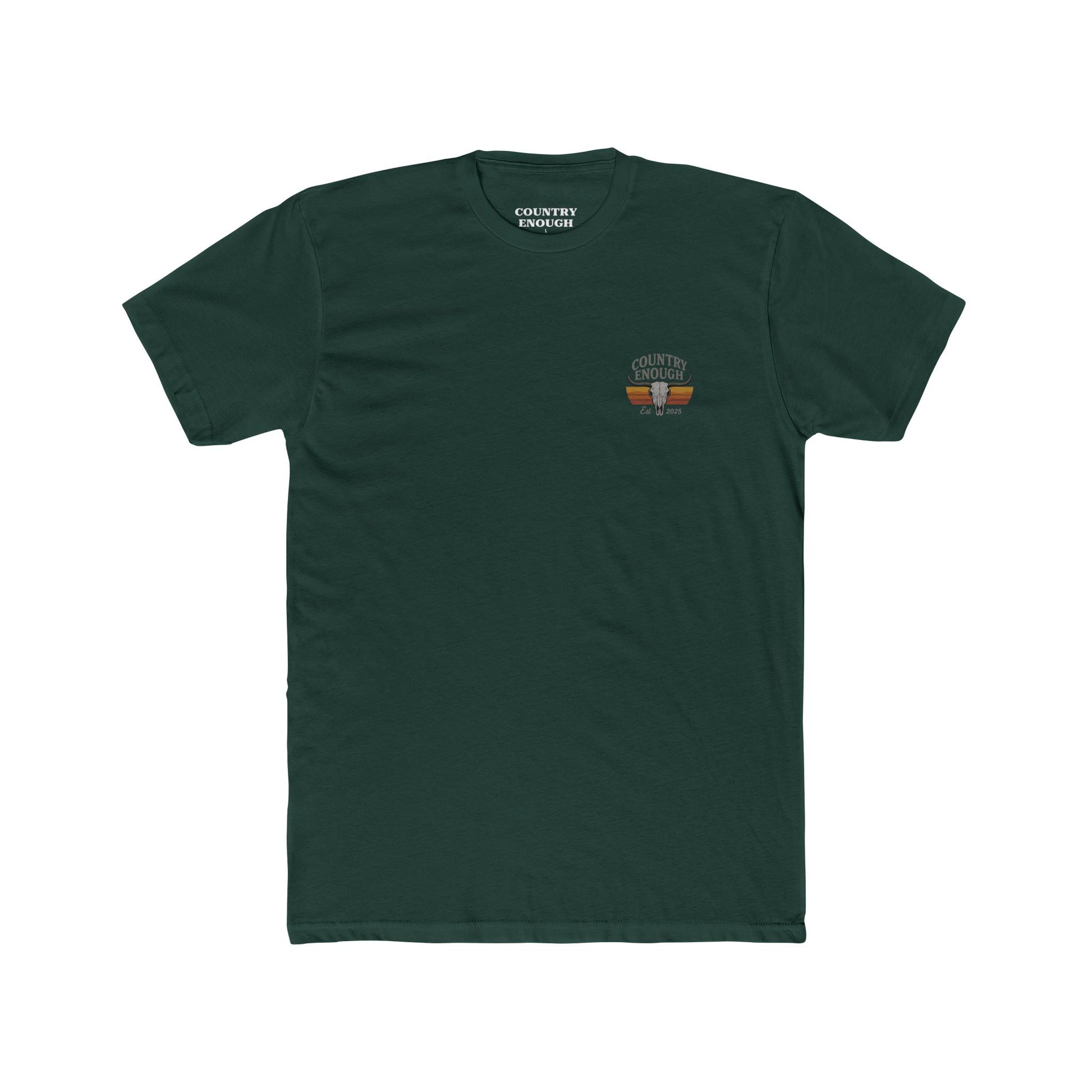 Forest Green t-shirt with vintage retro graphic of a bull skull and words country enough EST 2025 #forestgreen