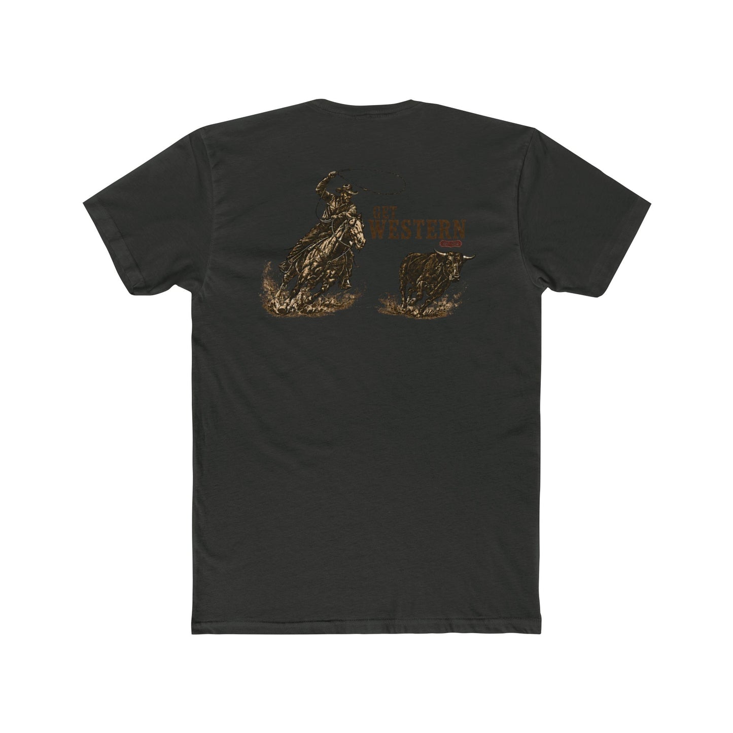 Men's T-shirt with graphic of a header cowboy roping a bull and words get western and est 2025 with CE logo #vintageblack