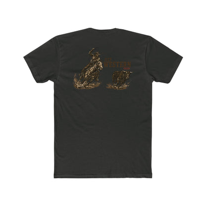Men's T-shirt with graphic of a header cowboy roping a bull and words get western and est 2025 with CE logo #vintageblack