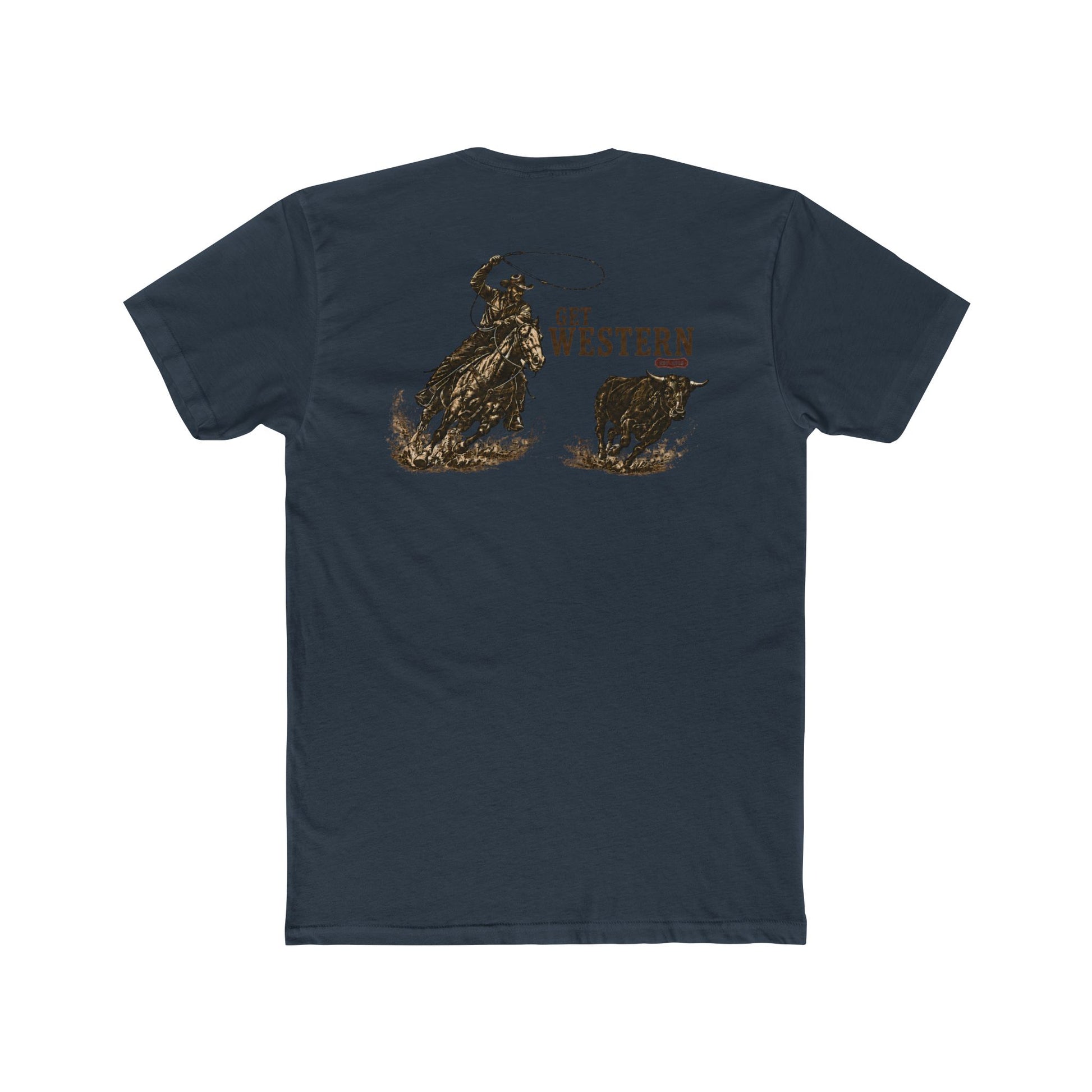Men's T-shirt with graphic of a header cowboy roping a bull and words get western and est 2025 with CE logo #indigo