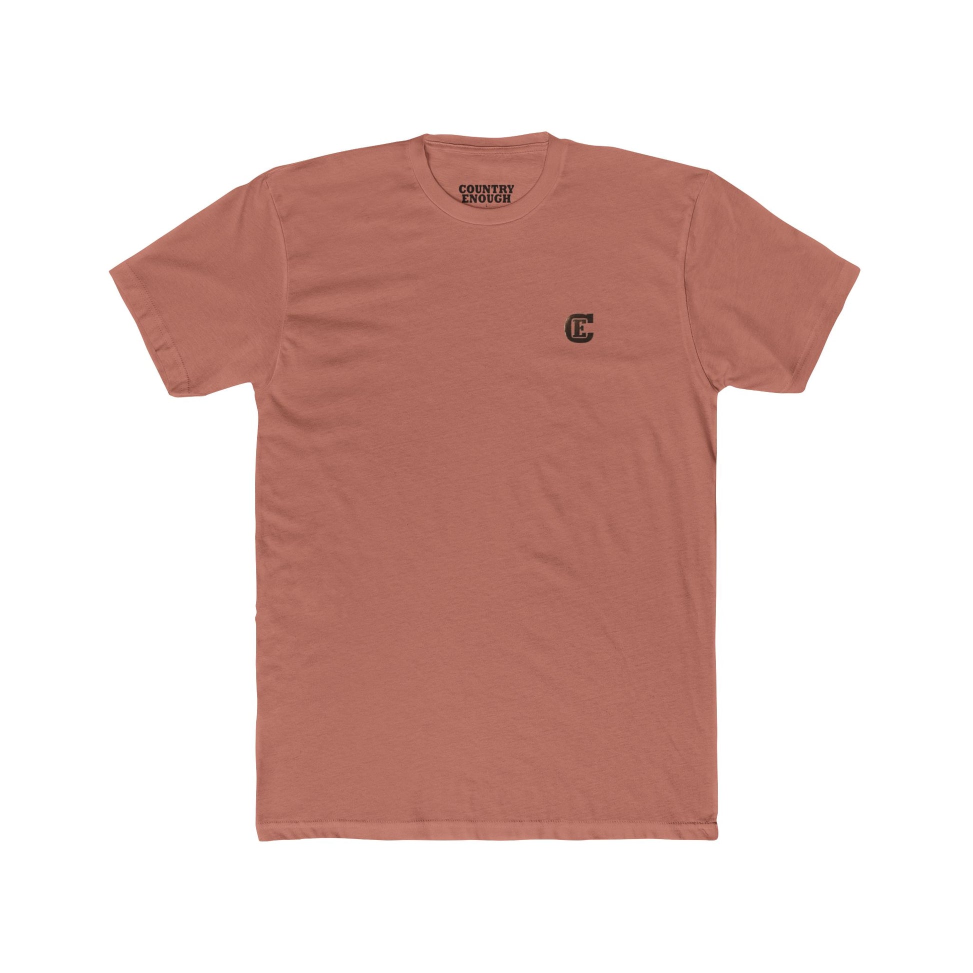 Men's T-shirt with graphic of a header cowboy roping a bull and words get western and est 2025 with CE logo #desertpink