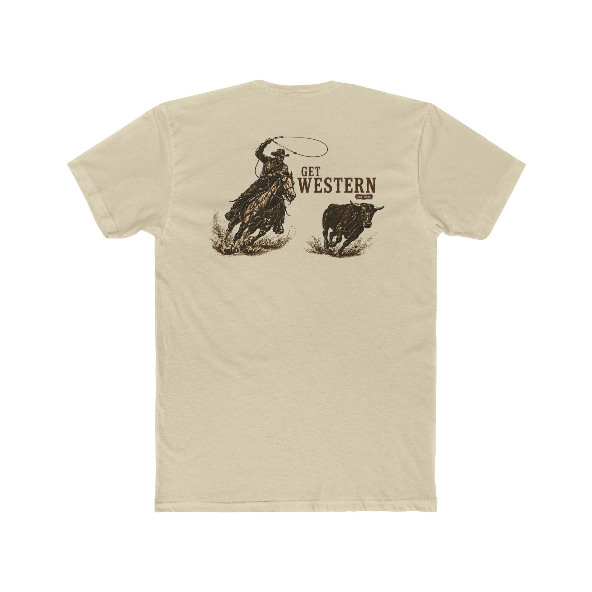 Men's T-shirt with graphic of a header cowboy roping a bull and words get western and est 2025 with CE logo #cream