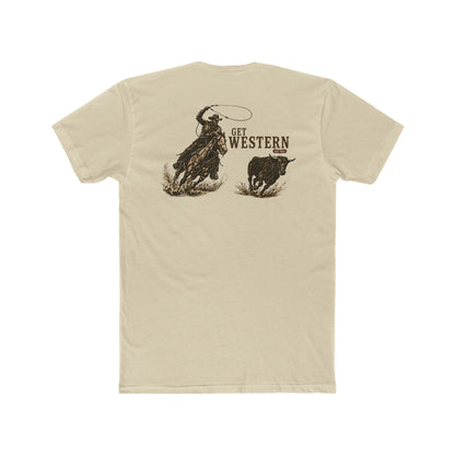 Men's T-shirt with graphic of a header cowboy roping a bull and words get western and est 2025 with CE logo #cream