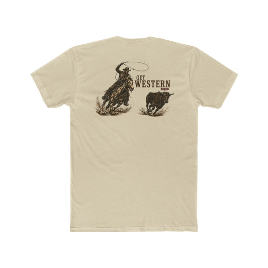Men's T-shirt with graphic of a header cowboy roping a bull and words get western and est 2025 with CE logo #cream