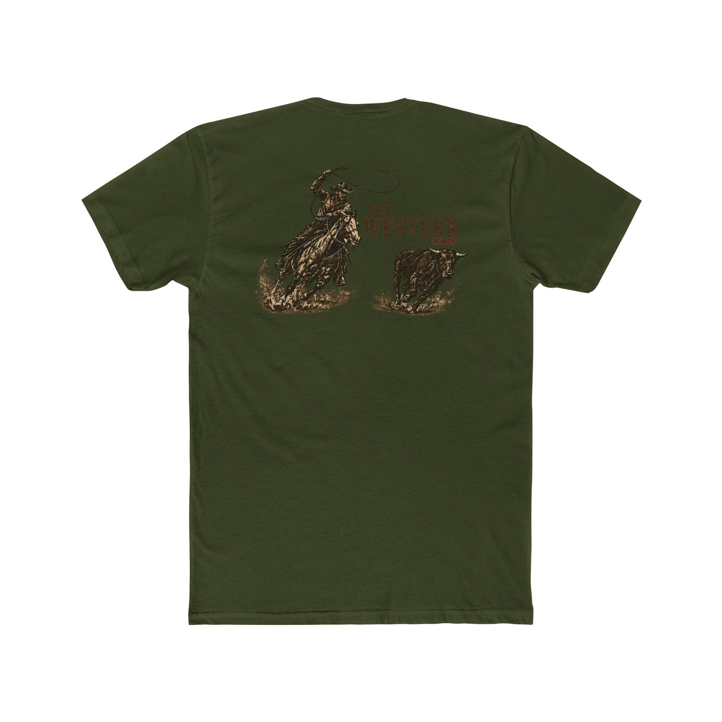 Men's T-shirt with graphic of a header cowboy roping a bull and words get western and est 2025 with CE logo #militarygreen