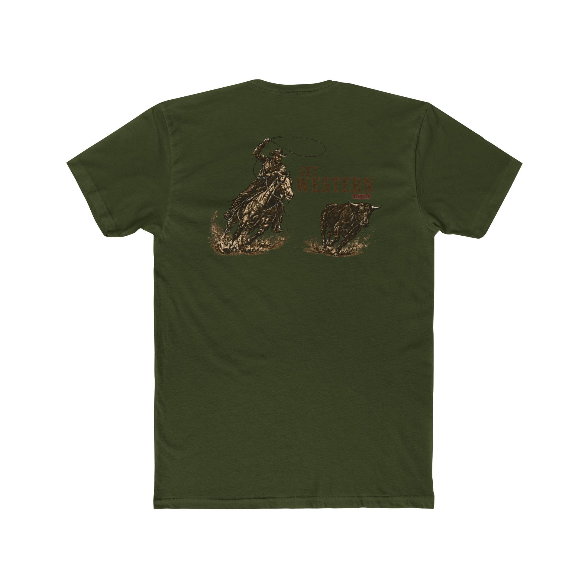 Men's T-shirt with graphic of a header cowboy roping a bull and words get western and est 2025 with CE logo #militarygreen