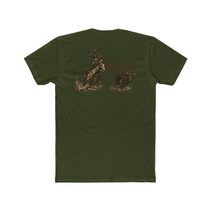 Men's T-shirt with graphic of a header cowboy roping a bull and words get western and est 2025 with CE logo #militarygreen