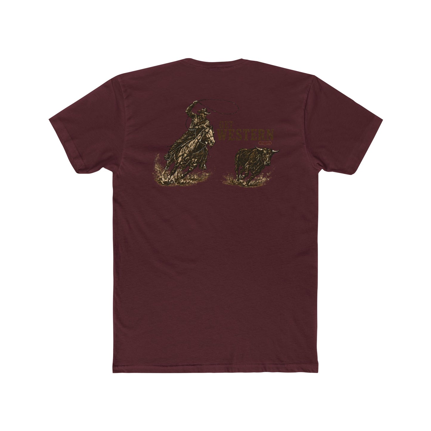 Men's T-shirt with graphic of a header cowboy roping a bull and words get western and est 2025 with CE logo #maroon