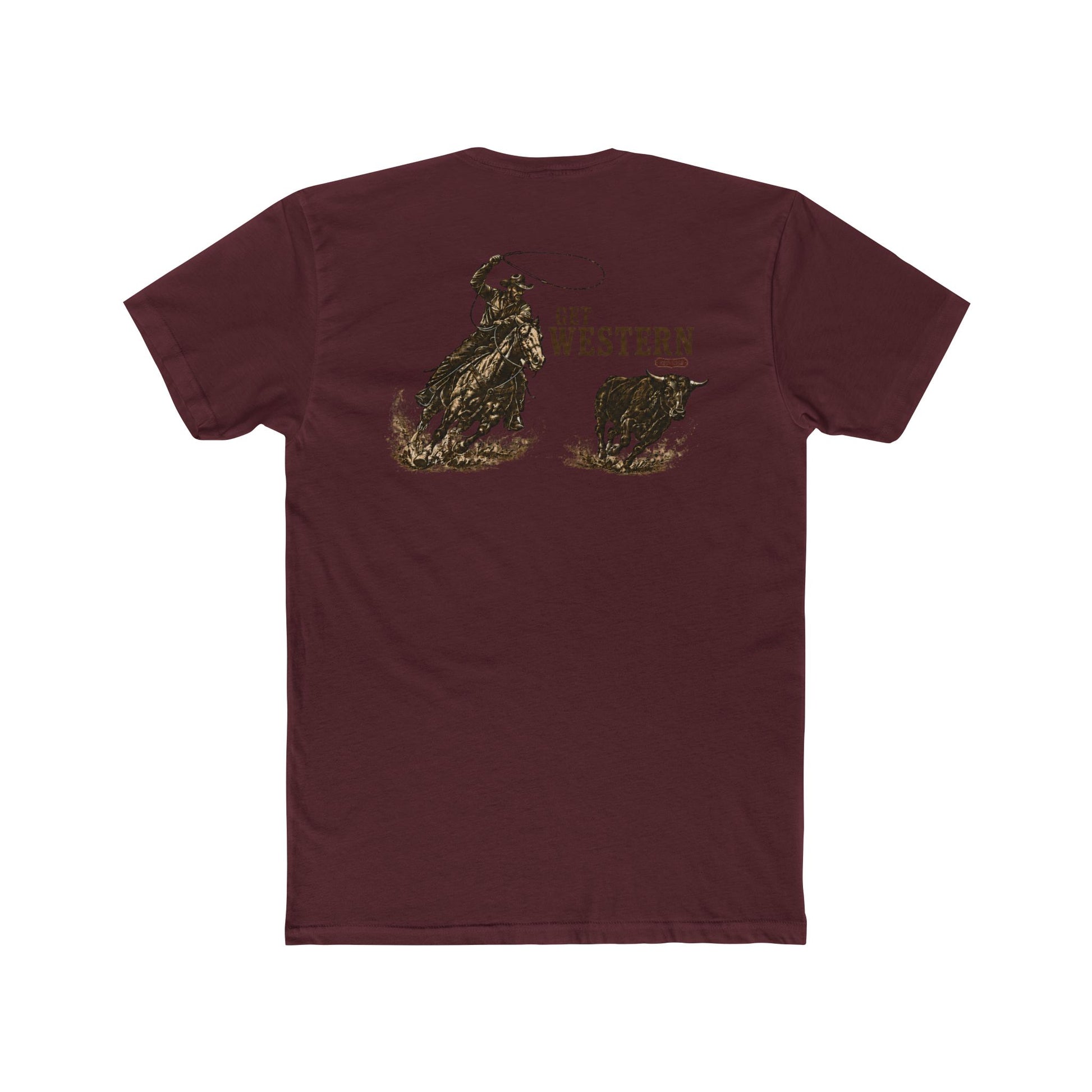 Men's T-shirt with graphic of a header cowboy roping a bull and words get western and est 2025 with CE logo #maroon