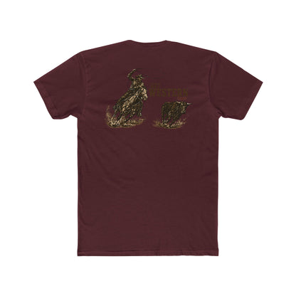Men's T-shirt with graphic of a header cowboy roping a bull and words get western and est 2025 with CE logo #maroon