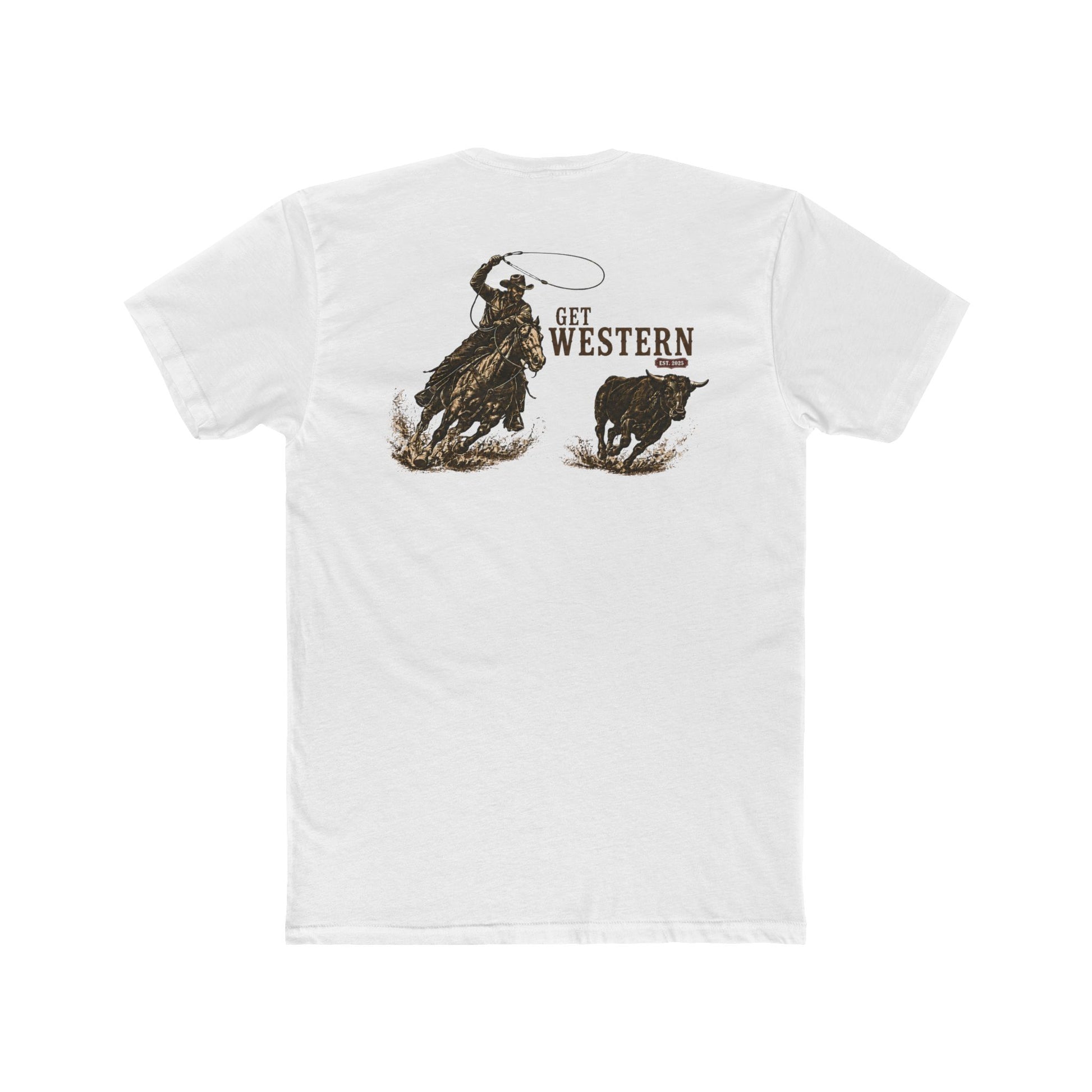 Men's T-shirt with graphic of a header cowboy roping a bull and words get western and est 2025 with CE logo #white