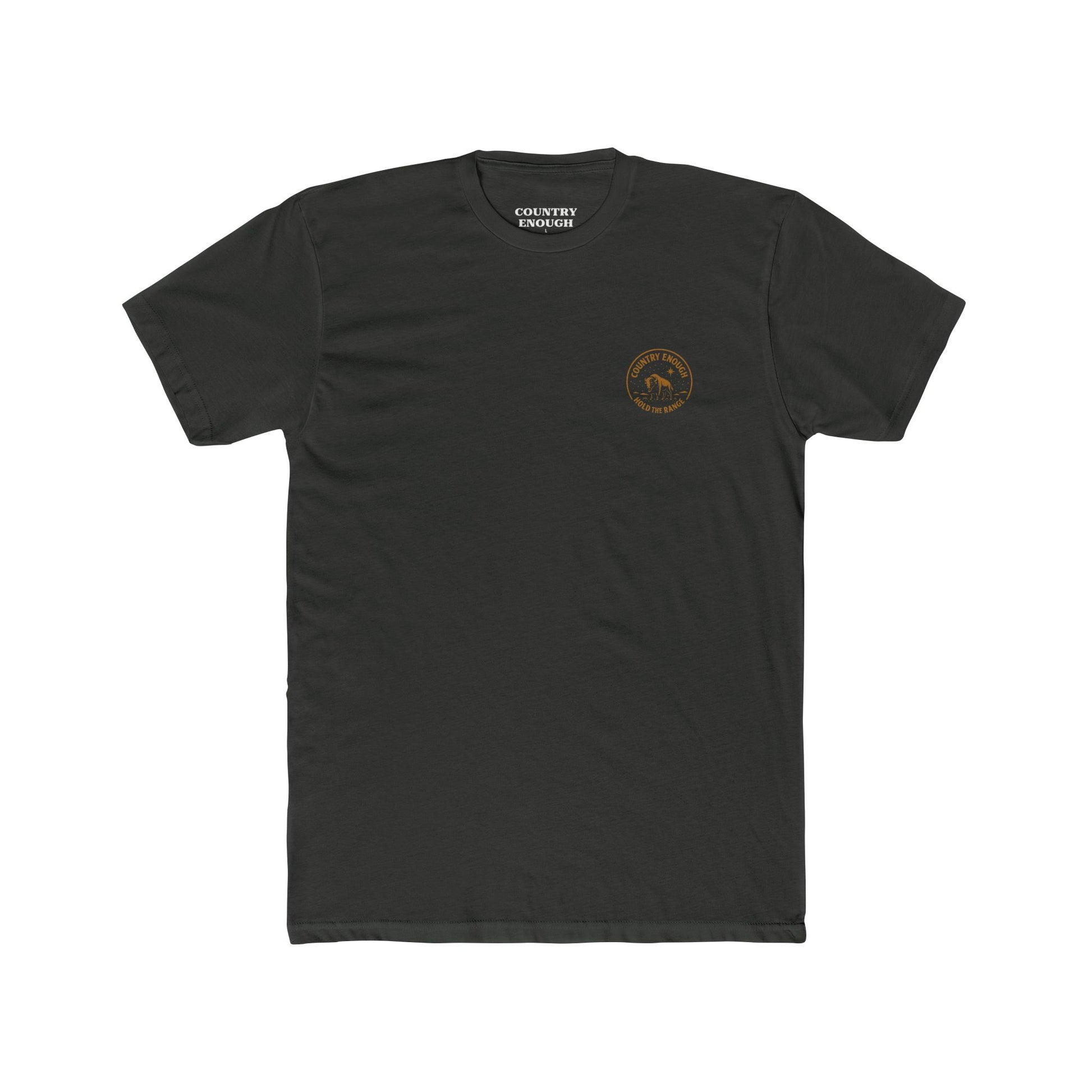 Vintage Black T-Shirt with a bison, starry sky, and the words hold the range encompassed with a geometric border #vintageblack