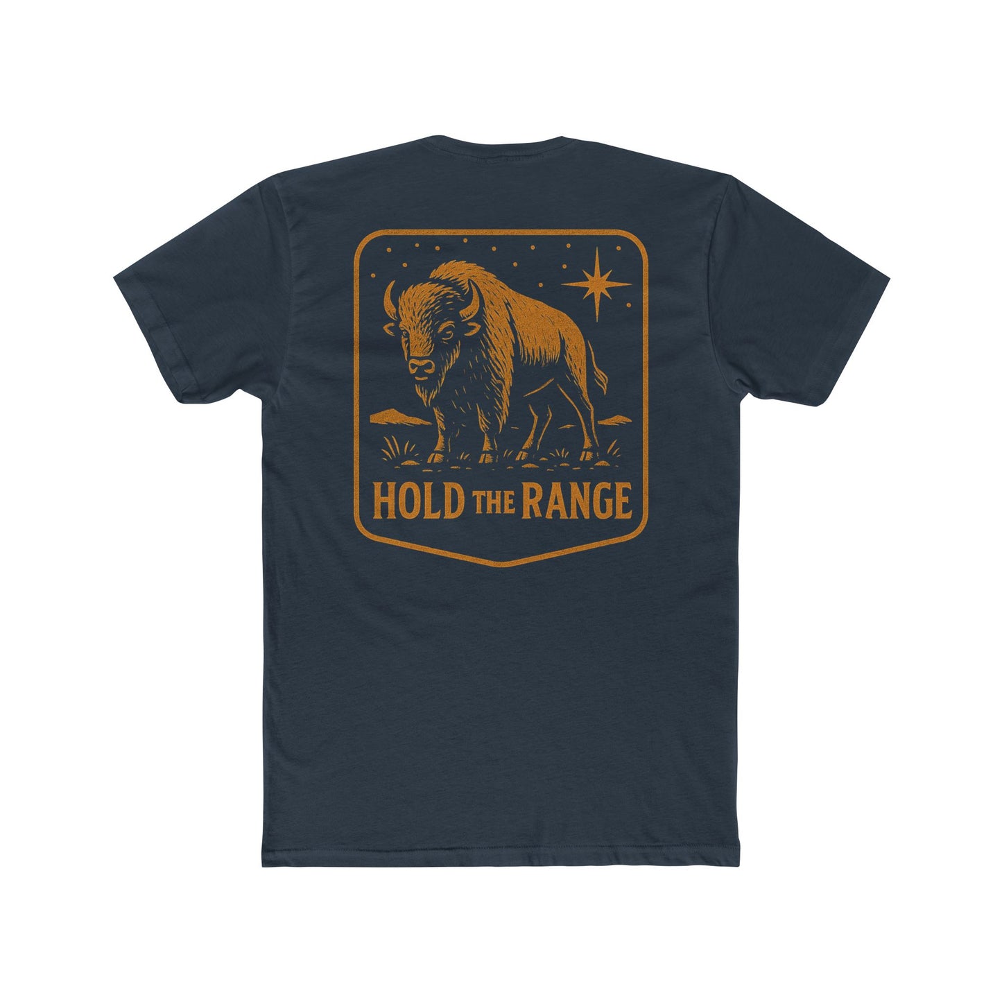 Indigo T-Shirt with a bison, starry sky, and the words hold the range encompassed with a geometric border #indigo