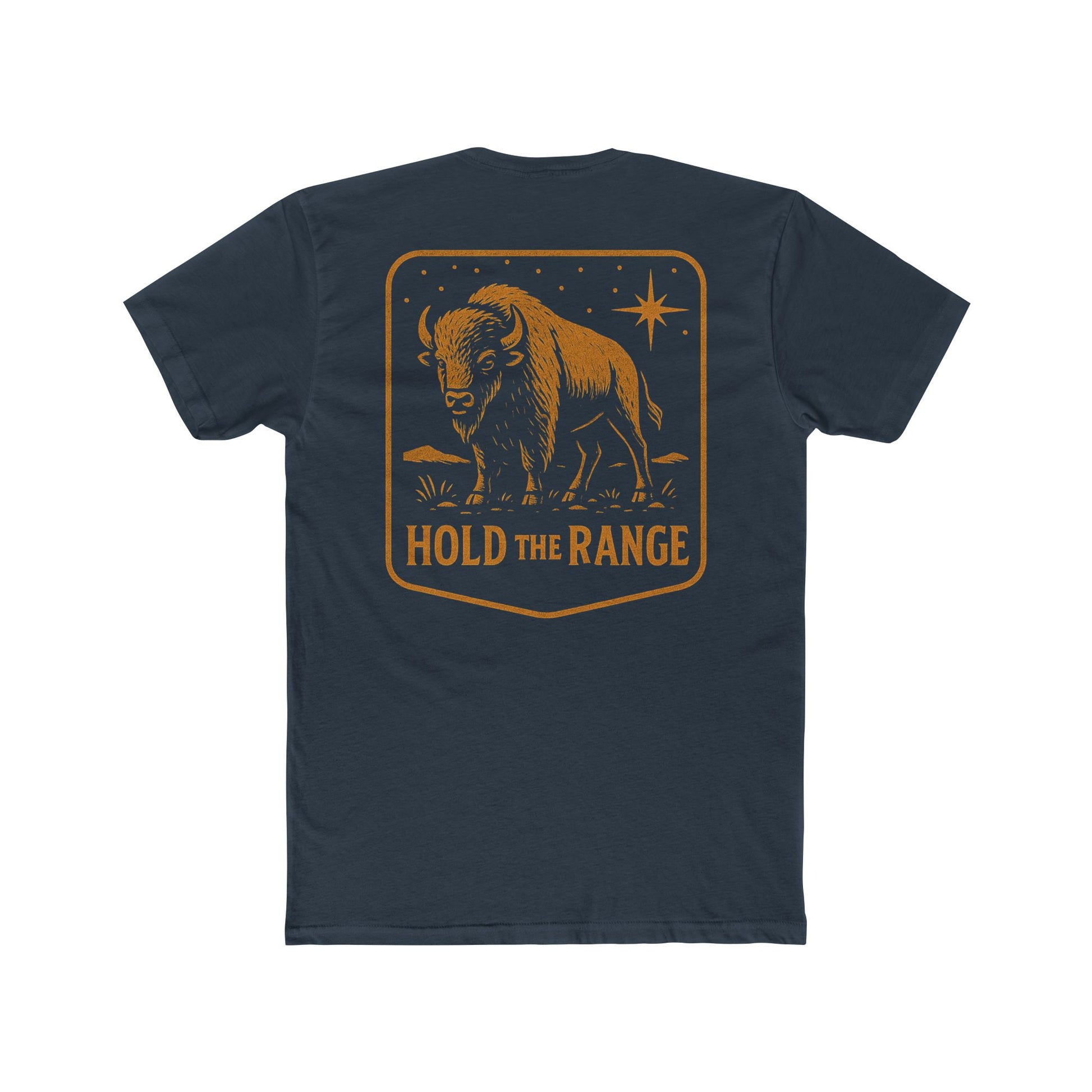 Indigo T-Shirt with a bison, starry sky, and the words hold the range encompassed with a geometric border #indigo