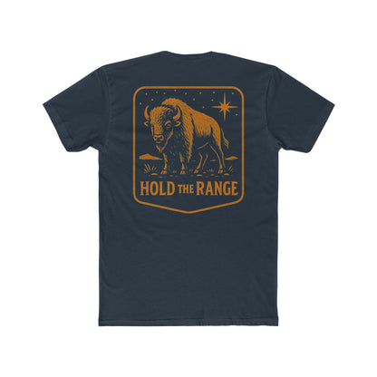Indigo T-Shirt with a bison, starry sky, and the words hold the range encompassed with a geometric border #indigo