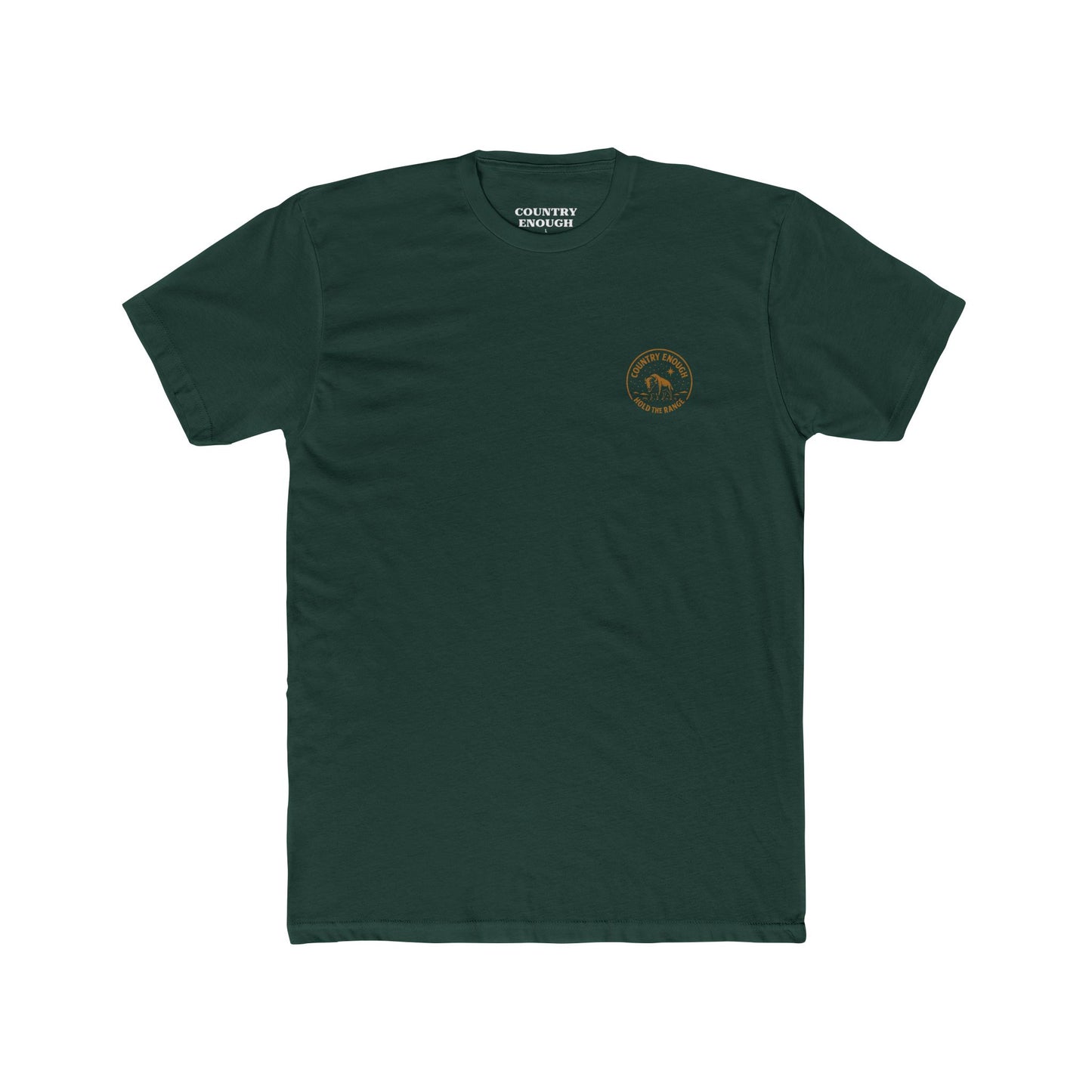 Forest Green T-Shirt with a bison, starry sky, and the words hold the range encompassed with a geometric border #forestgreen