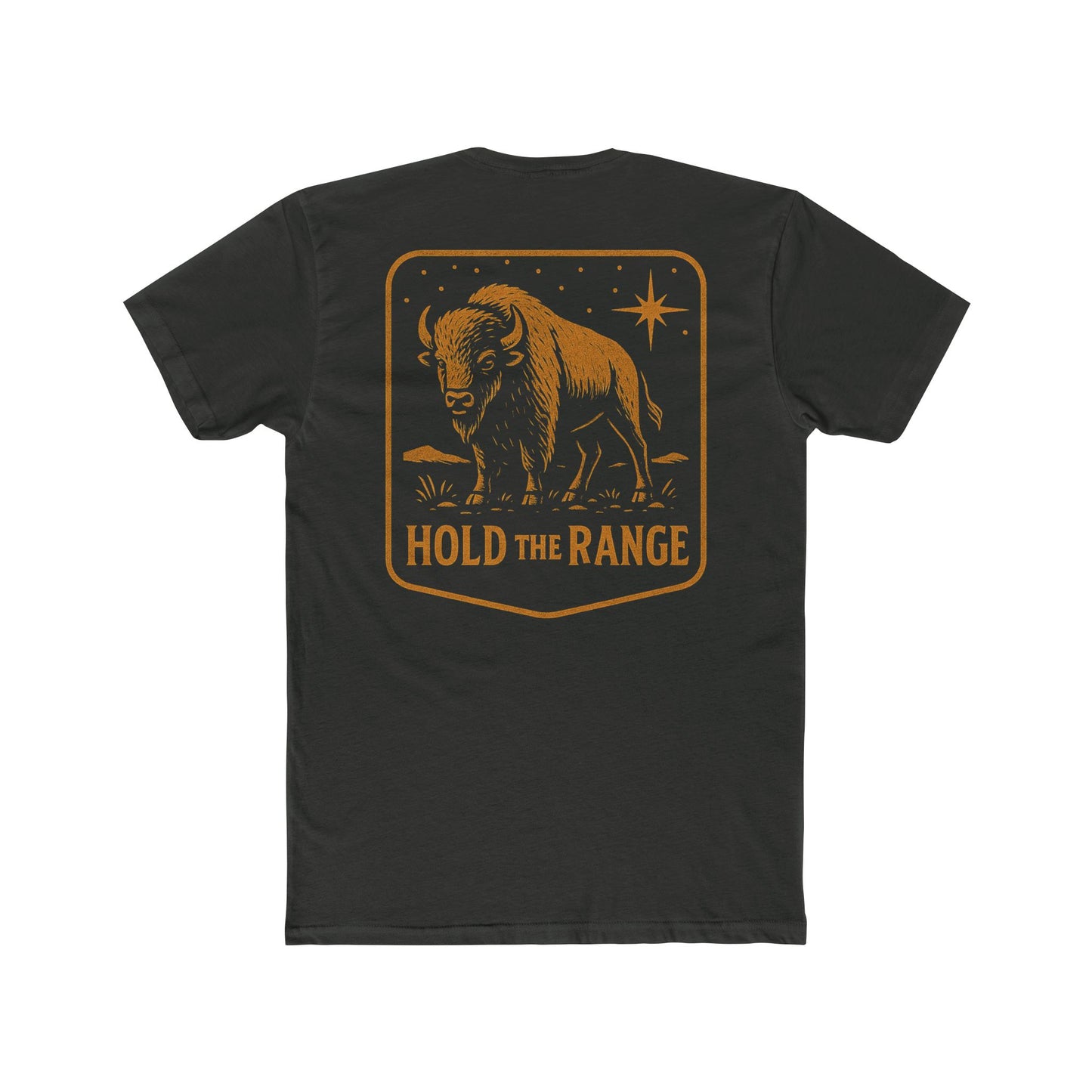 Vintage Black T-Shirt with a bison, starry sky, and the words hold the range encompassed with a geometric border #vintageblack