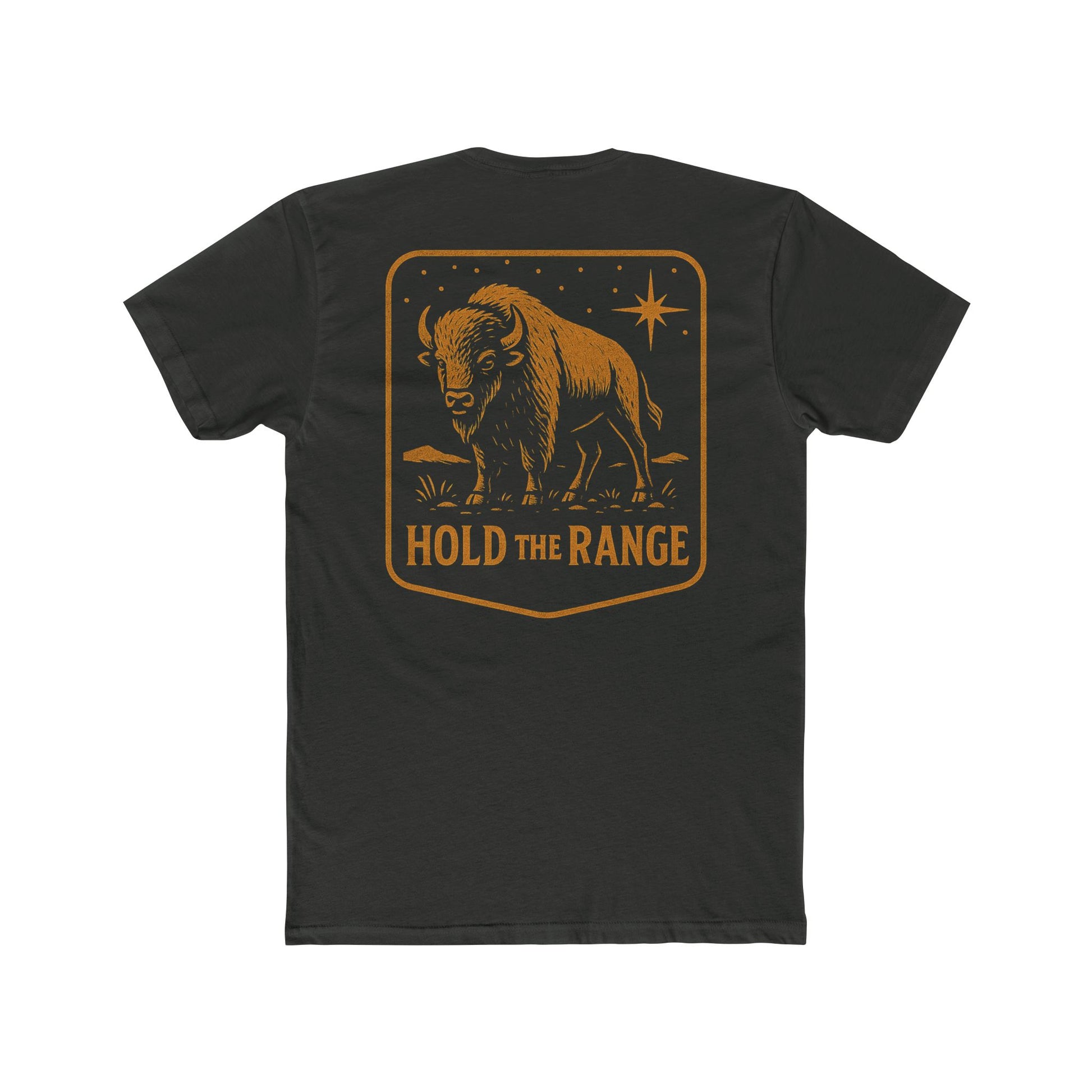 Vintage Black T-Shirt with a bison, starry sky, and the words hold the range encompassed with a geometric border #vintageblack