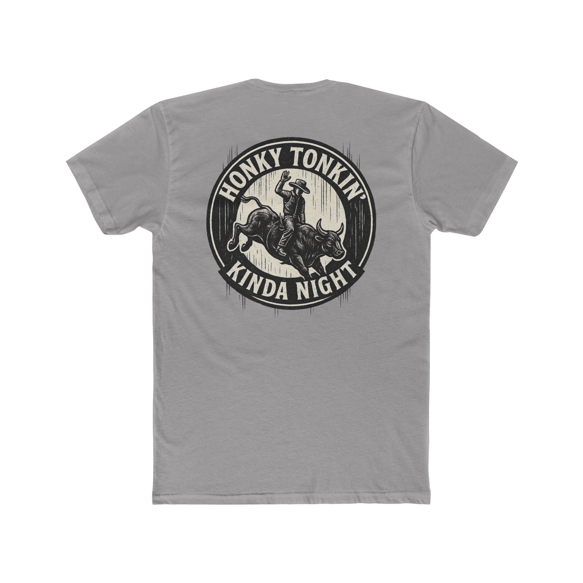 Gray t-shirt with circular graphic of a bucking bull with rider and the phrase honky tonkin' kind night #gray
