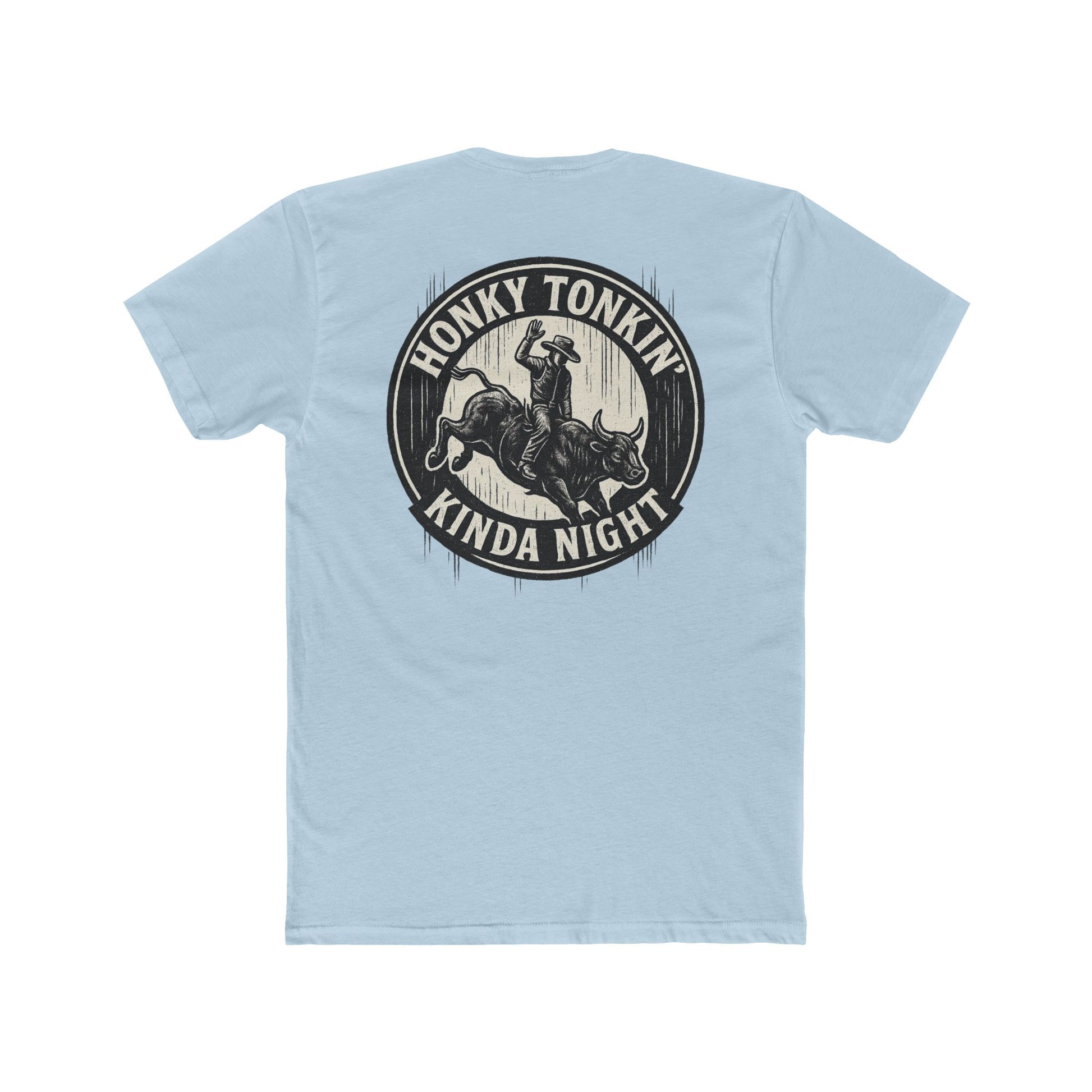 Light Blue t-shirt with circular graphic of a bucking bull with rider and the phrase honky tonkin' kind night #lightblue