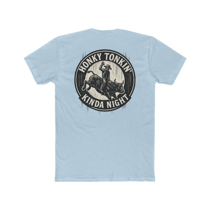 Light Blue t-shirt with circular graphic of a bucking bull with rider and the phrase honky tonkin' kind night #lightblue