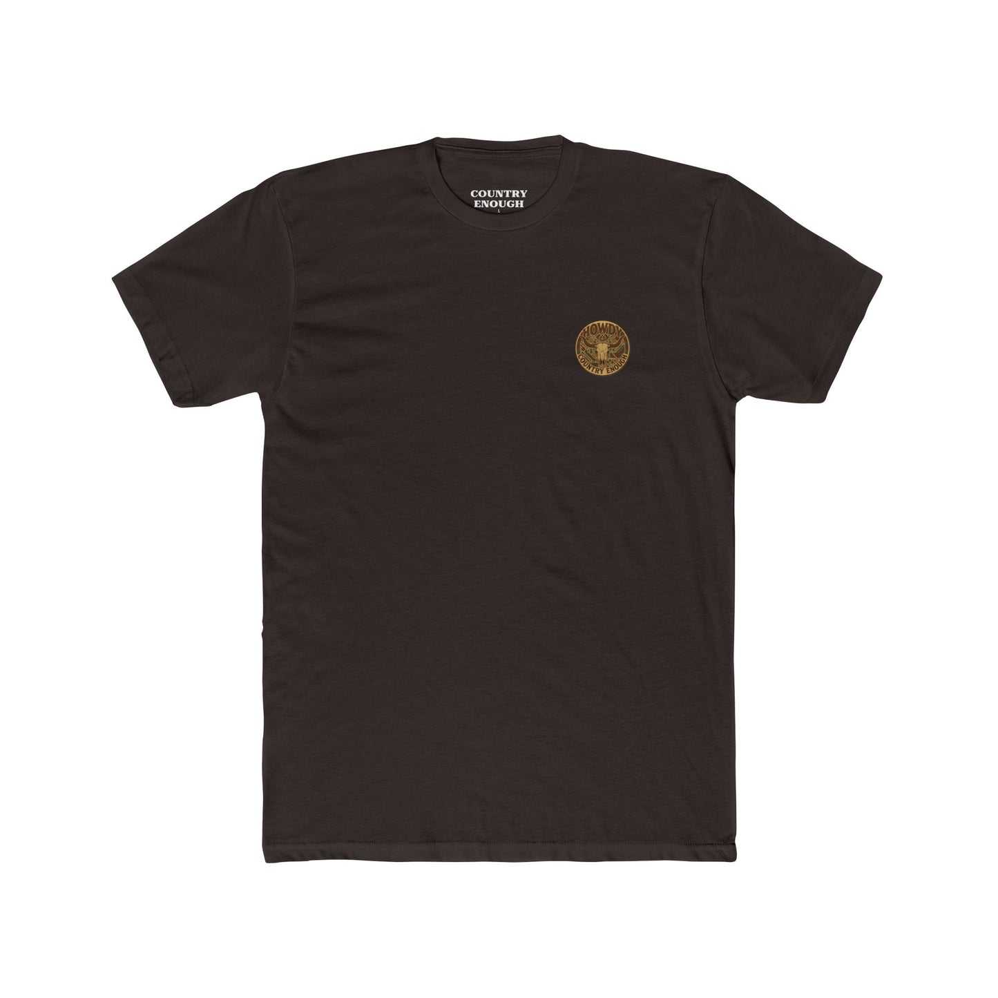 Dark Brown t-shirt with graphic of aztec patter, bull skull, and the word howdy across the top #darkbrown