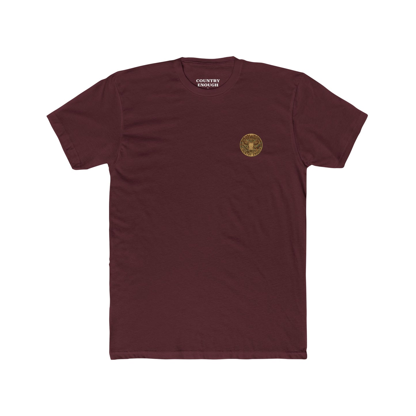 Maroon t-shirt with graphic of aztec patter, bull skull, and the word howdy across the top #maroon