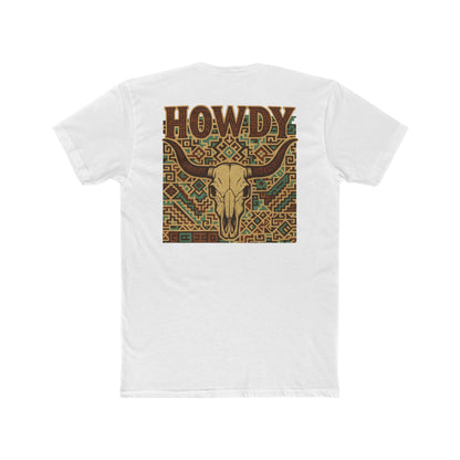 White t-shirt with graphic of aztec patter, bull skull, and the word howdy across the top #white