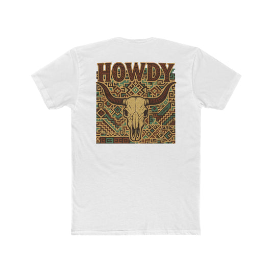 White t-shirt with graphic of aztec patter, bull skull, and the word howdy across the top #white