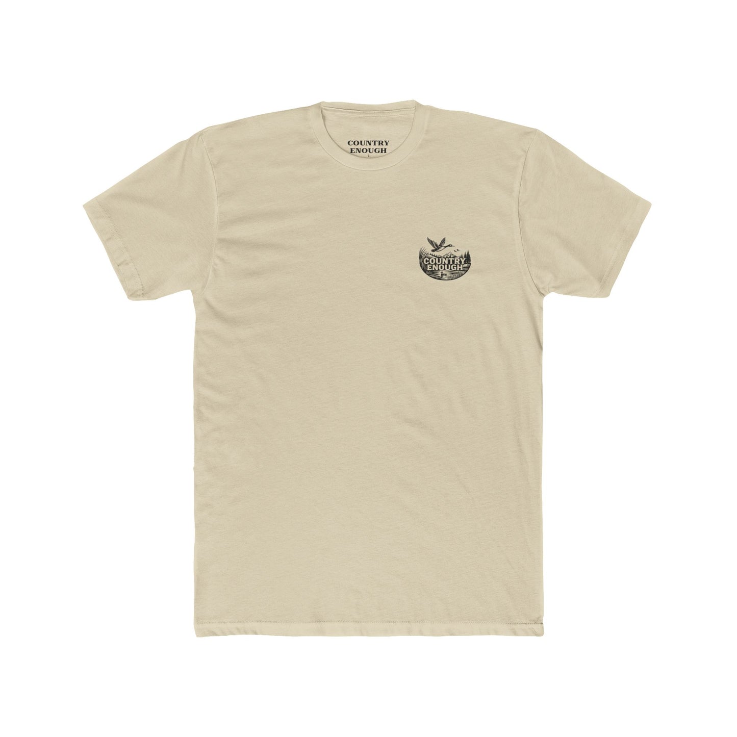 Cream t-shirt with graphic of a duck, mountains, pine trees, and a lake #cream