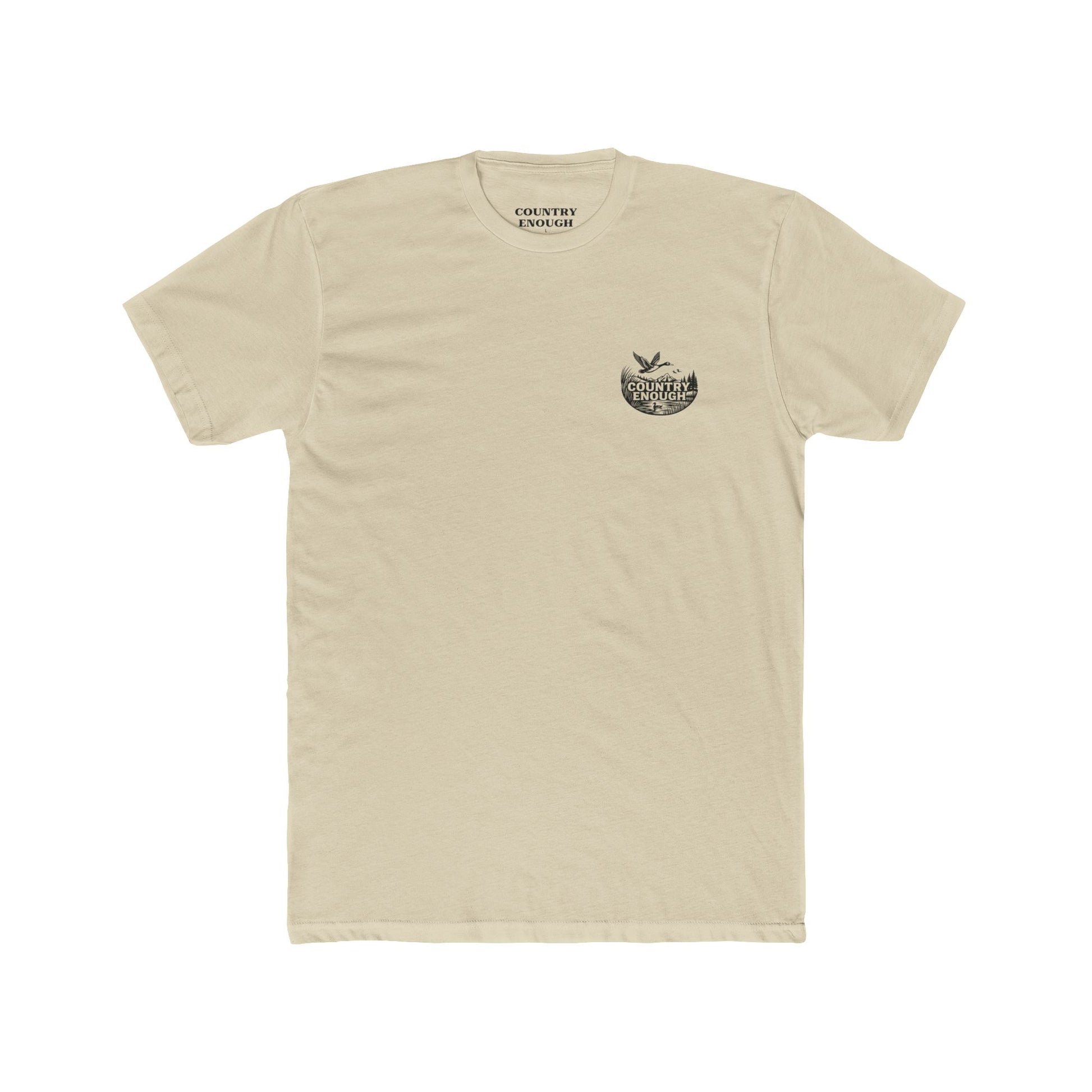 Cream t-shirt with graphic of a duck, mountains, pine trees, and a lake #cream
