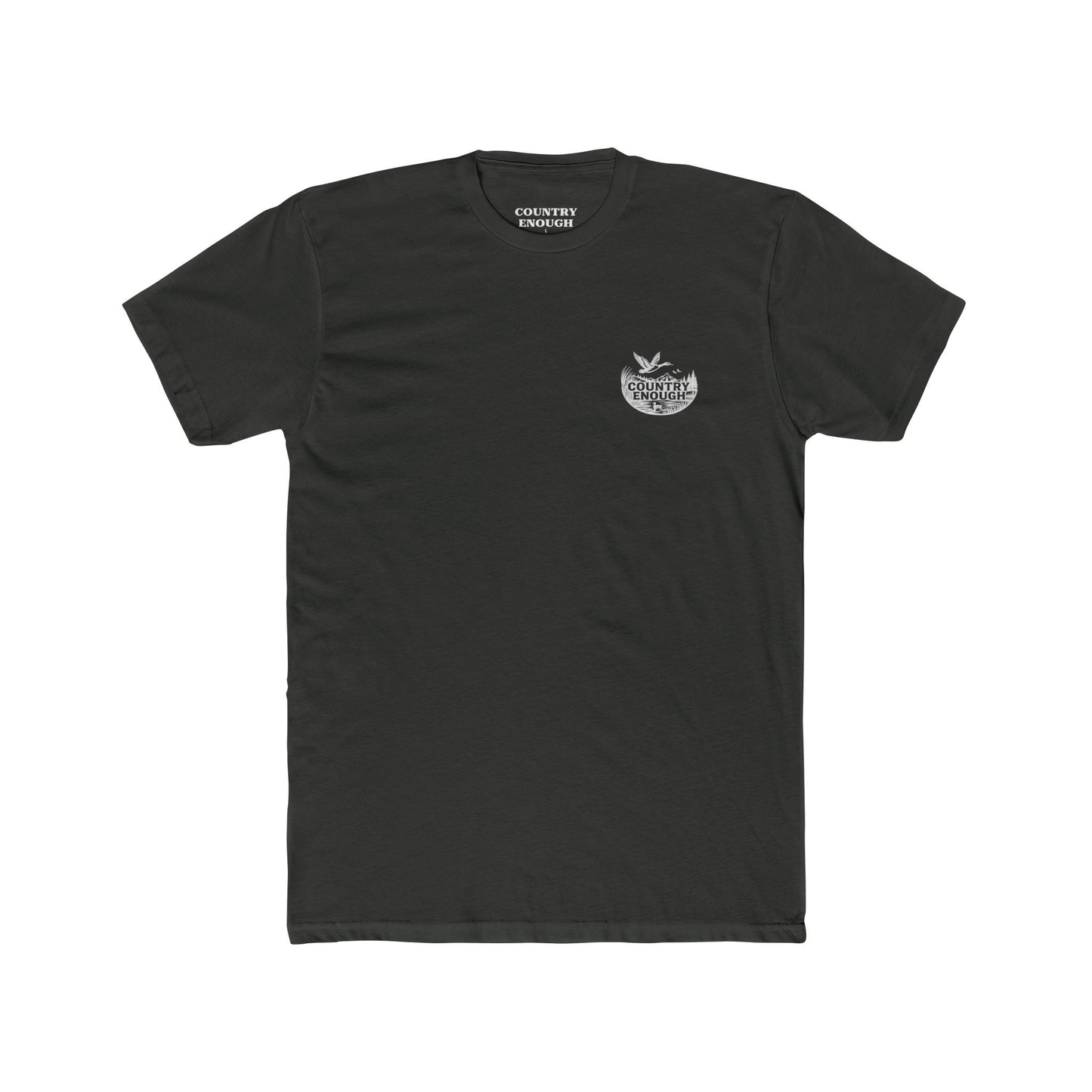 Vintage Black t-shirt with graphic of a duck, mountains, pine trees, and a lake #vintageblack