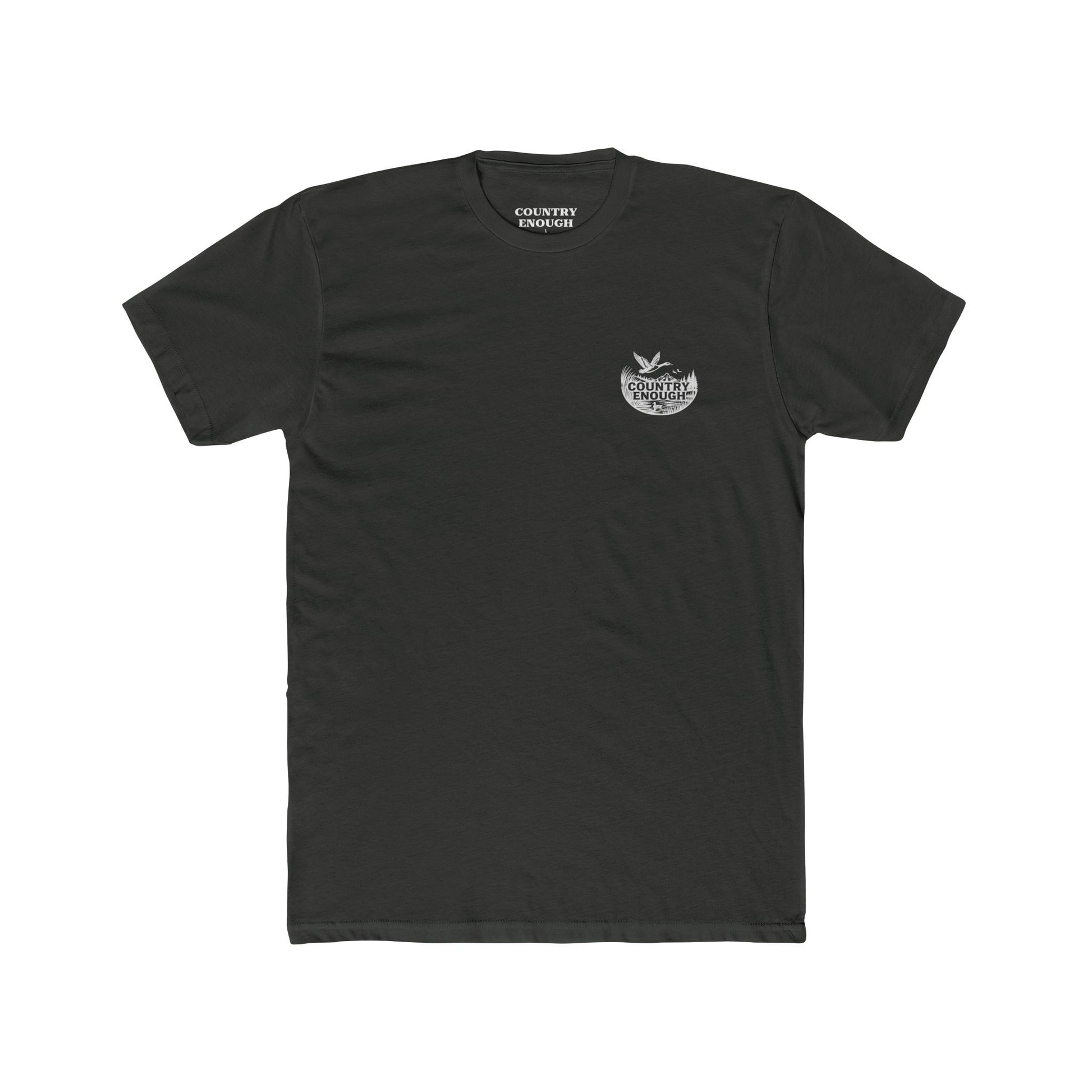 Vintage Black t-shirt with graphic of a duck, mountains, pine trees, and a lake #vintageblack