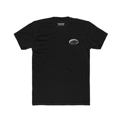 Black t-shirt with a black and gray graphic of a bison and mountains #black