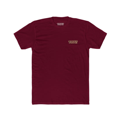 Cardinal Red t-shirt with graphic of a aztec pattern in the shape of a bull skull, mountains, and a lone cactus #cardinalred