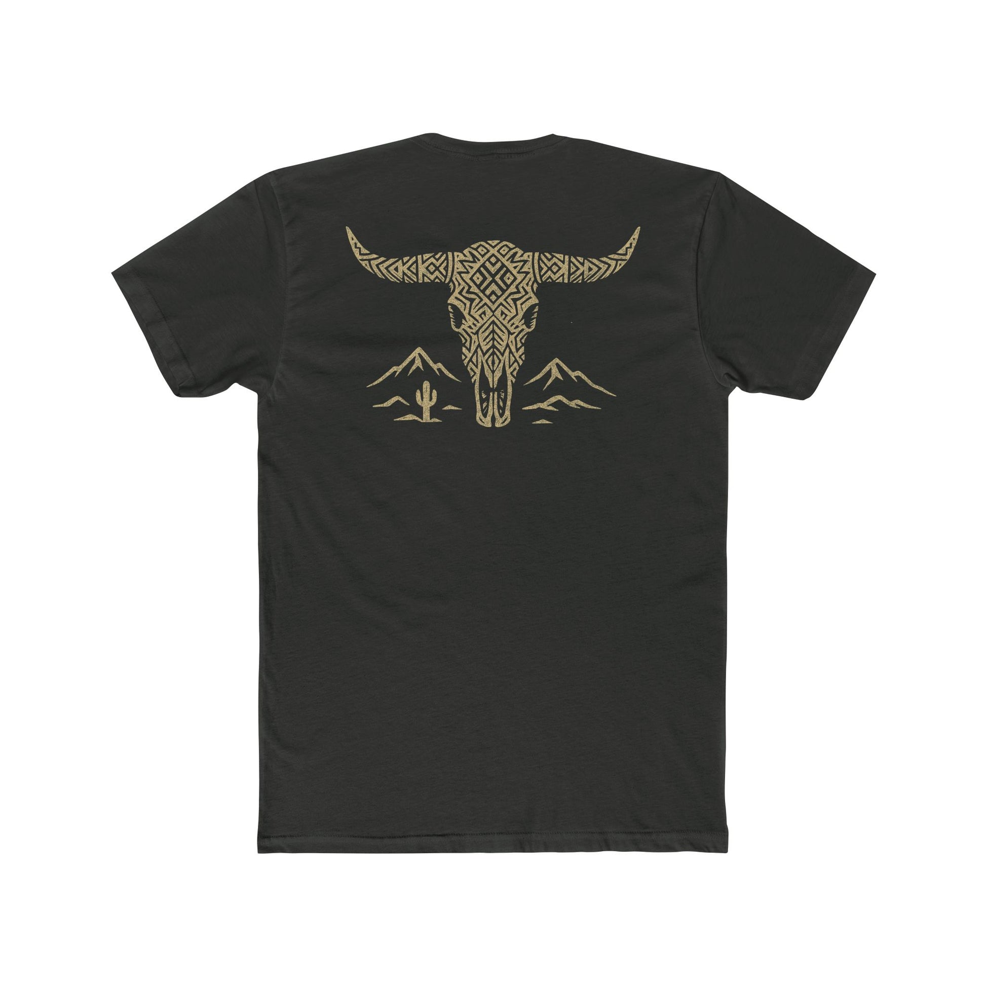 Vintage Black t-shirt with graphic of a aztec pattern in the shape of a bull skull, mountains, and a lone cactus #vintageblack