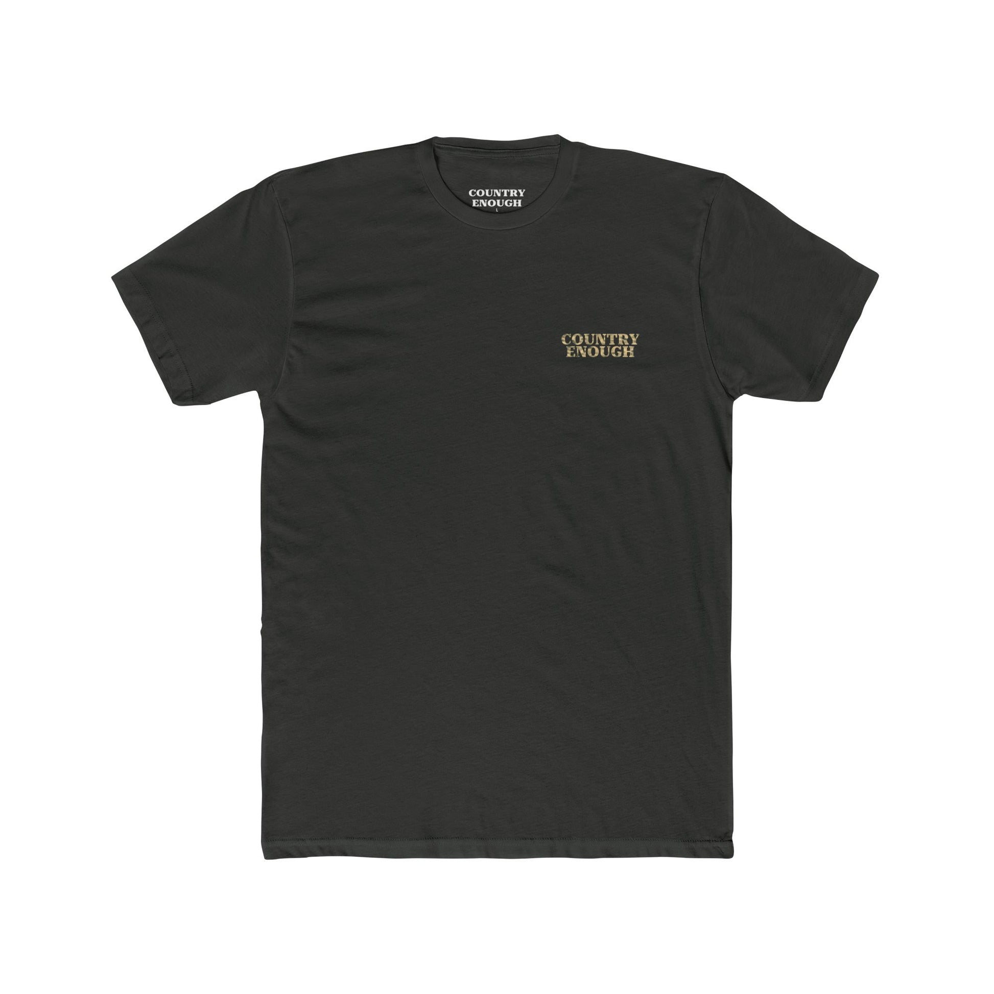 Vintage Black t-shirt with graphic of a aztec pattern in the shape of a bull skull, mountains, and a lone cactus #vintageblack