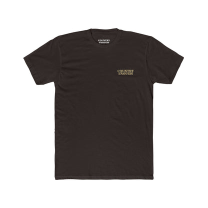 Dark Brown t-shirt with graphic of a aztec pattern in the shape of a bull skull, mountains, and a lone cactus #darkbrown
