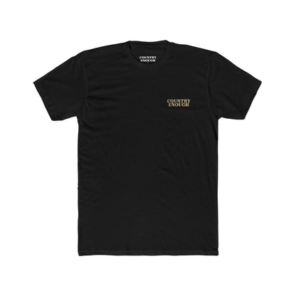 Black t-shirt with graphic of a aztec pattern in the shape of a bull skull, mountains, and a lone cactus #black