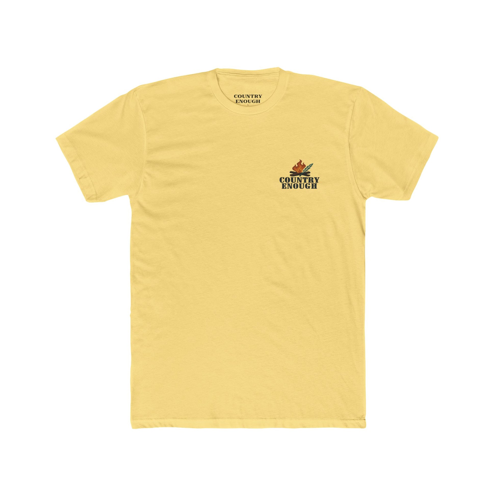 Yellow t-shirt with graphic of clouds, lightning, bird, a campfire, cacti in a desert landscape #yellow
