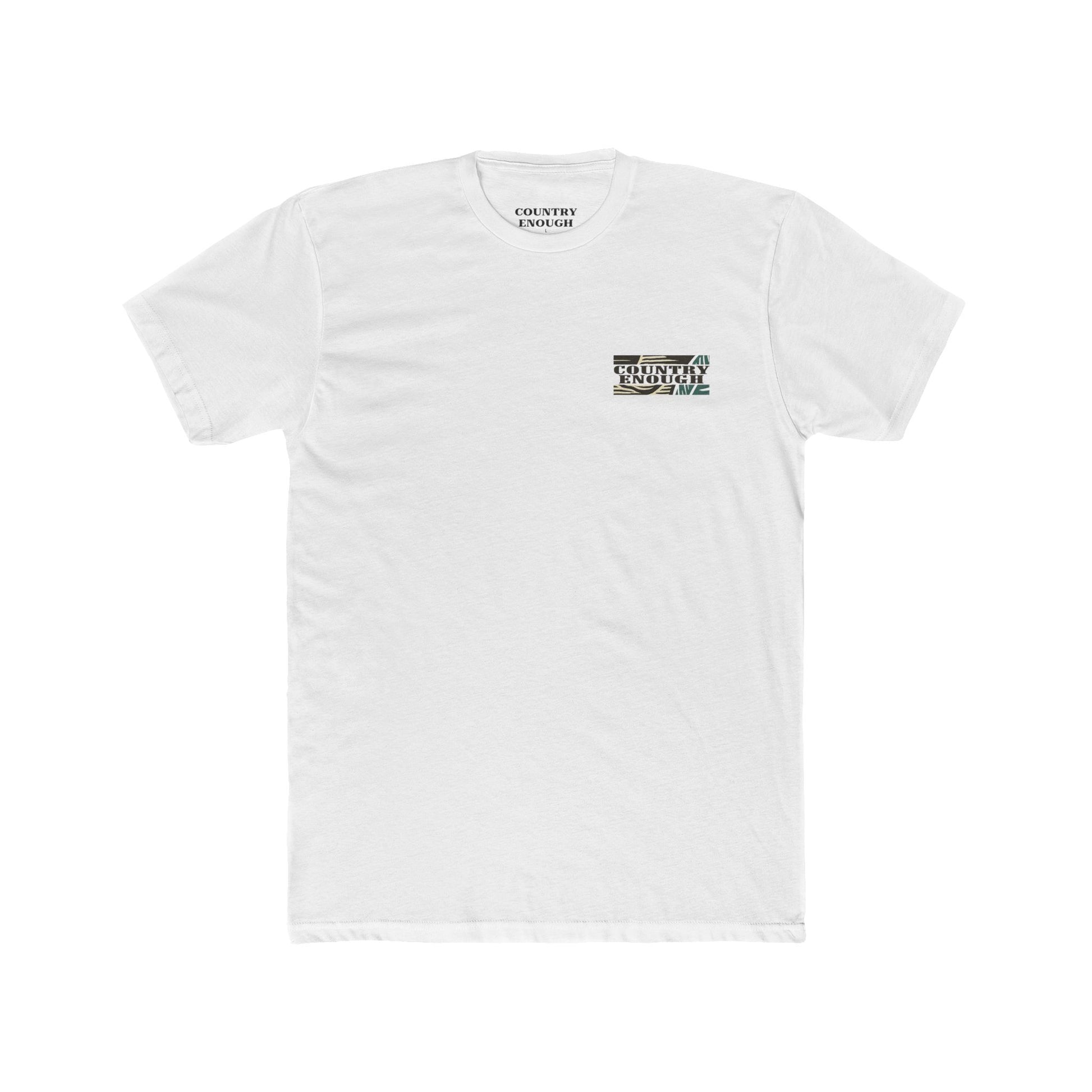 White t-shirt with graphic of a big star, mountain design inside the star, and large feather overlapping #white