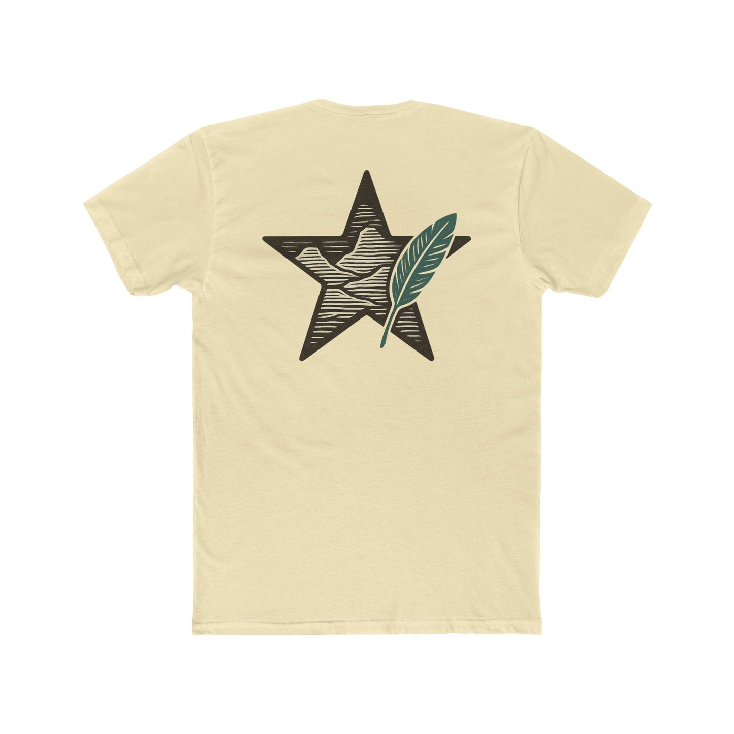 Natural t-shirt with graphic of a big star, mountain design inside the star, and large feather overlapping #natural